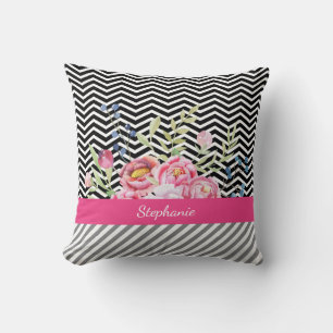 Chic Rosa Blommigt Black and White Chevrons och Na Kudde