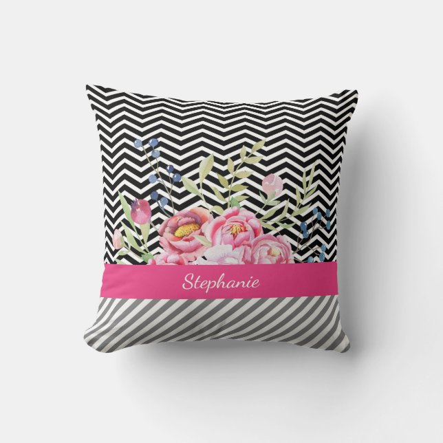 Chic Rosa Blommigt Black and White Chevrons och Na Kudde (Framsida)