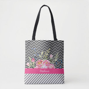 Chic Rosa Blommigt Black and White Chevrons och Na Tygkasse