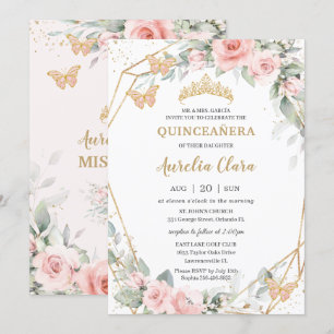Chic Rosa Blommigt Butterflies Quinceañera Inbjudningar