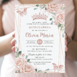 Chic  Rosa Blommigt Butterflies Quinceañera Inbjudningar