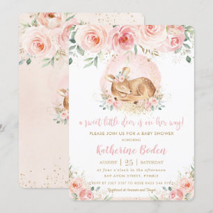 Chic Rosa Blommigt Cute Baby Hjort Girl Baby Showe Inbjudningar