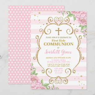 Chic Rosa Blommigt Första Heligan Kommuniunion Pri Inbjudningar