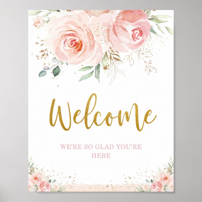 Chic  Rosa Blommigt Grey Guld Välkomstskylt Poster (Framsidan)