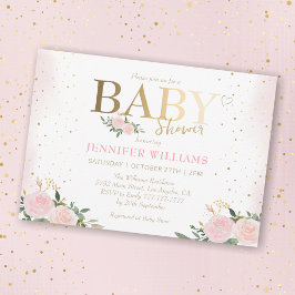 Chic Rosa Blommigt Guld Baby Shower för barn i Inbjudningar