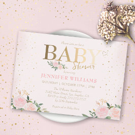 Chic Rosa Blommigt Guld Baby Shower för barn i Inbjudningar