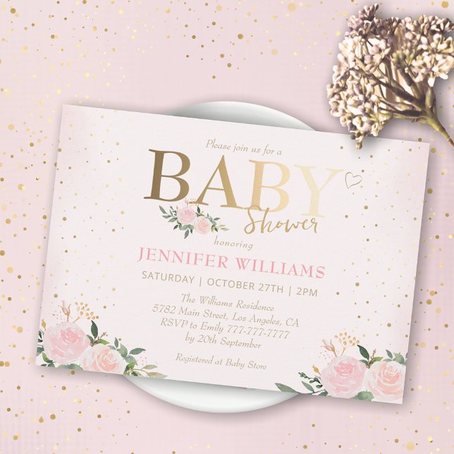 Chic Rosa Blommigt Guld Baby Shower för barn i  Inbjudningar (Skapare uppladdad)