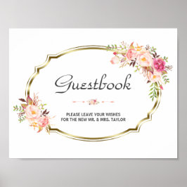 Chic Rosa Blommigt Guld Bröllop Guestbook-tecken Poster
