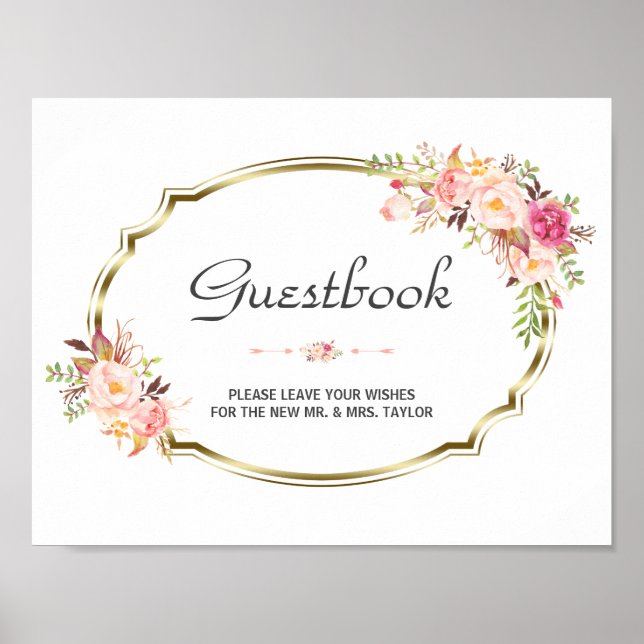 Chic Rosa Blommigt Guld Bröllop Guestbook-tecken Poster (Framsidan)