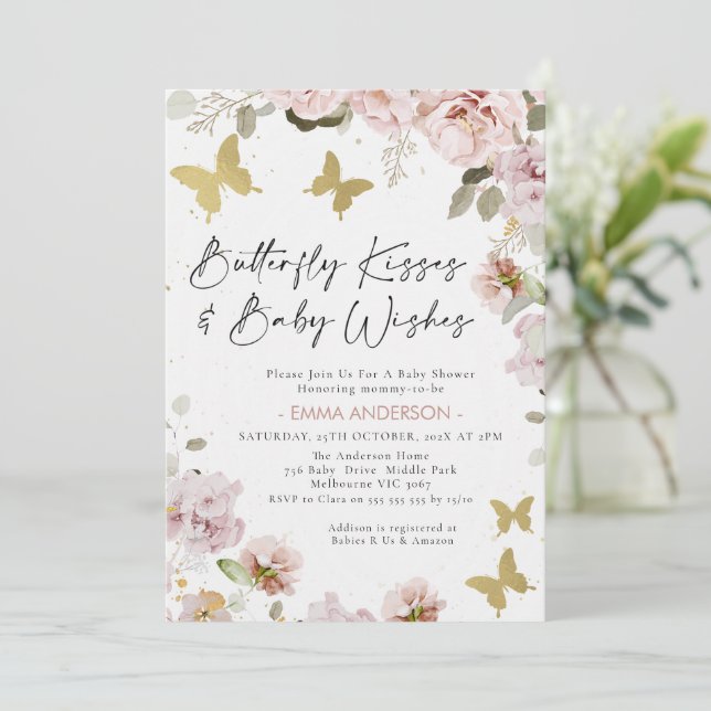 Chic Rosa Blommigt Guld Butterfly Kisses Baby Show Inbjudningar (Stående Fram)