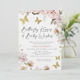Chic Rosa Blommigt Guld Butterfly Kisses Baby Show Inbjudningar