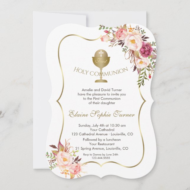 Chic  Rosa Blommigt Guld Chalice Heliga Communion Inbjudningar (Framsida)