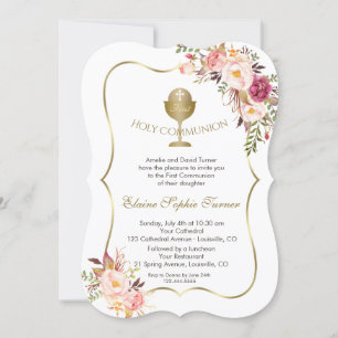 Chic  Rosa Blommigt Guld Chalice Heliga Communion Inbjudningar