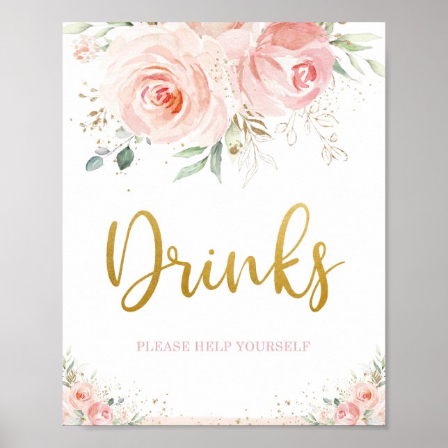 Chic  Rosa Blommigt Guld Foliage Drinage Sign Poster (Framsidan)