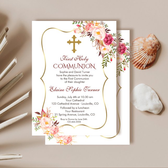 Chic  Rosa Blommigt Guld Första Heligan Kommitté Inbjudningar (floral gold holy communion invitation, trendy blush floral communion invitation, pink  communion)