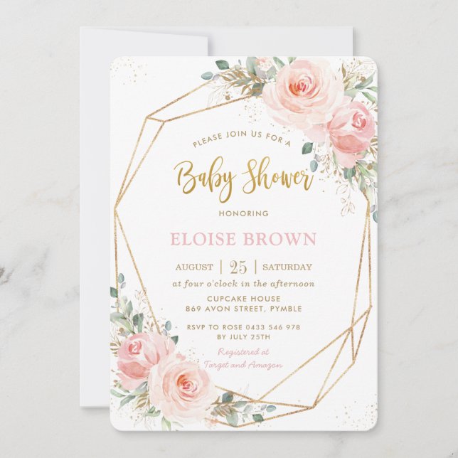 Chic  Rosa Blommigt Guld Geometric Baby Shower Inbjudningar (Framsida)