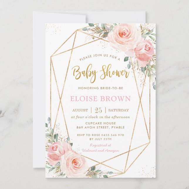 Chic  Rosa Blommigt Guld Geometric Baby Shower Inbjudningar (Framsida)