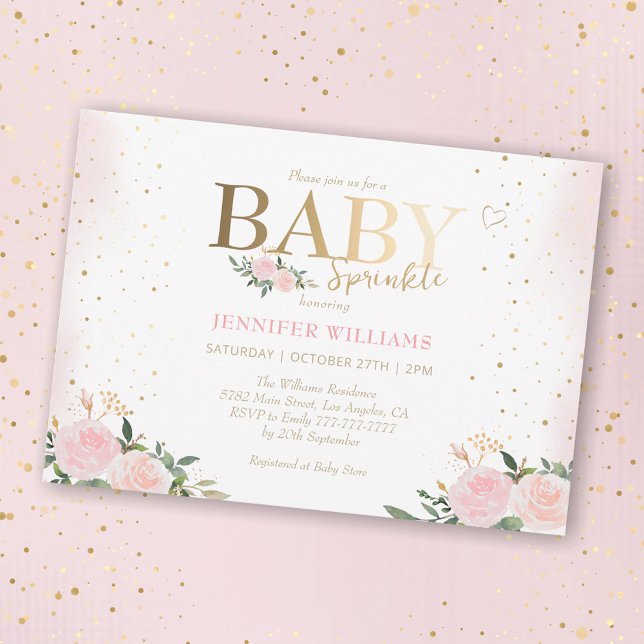 Chic Rosa Blommigt Guld Girl Baby Sprinkle Shower Inbjudningar (Skapare uppladdad)