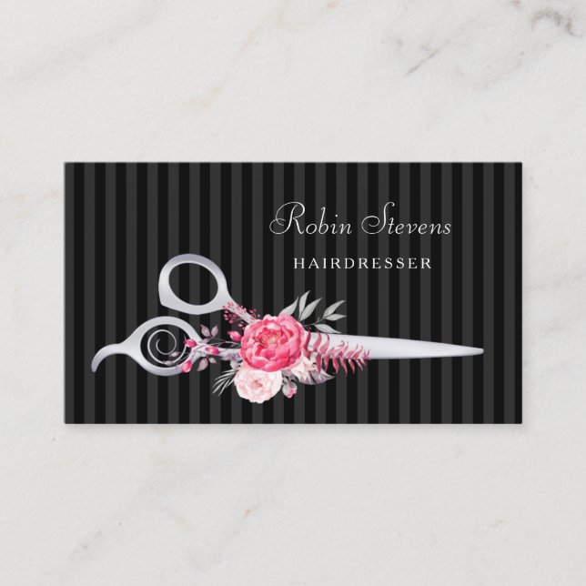 Chic Rosa Blommigt Hairdresser Faux Silver Scissor Visitkort (Framsida)