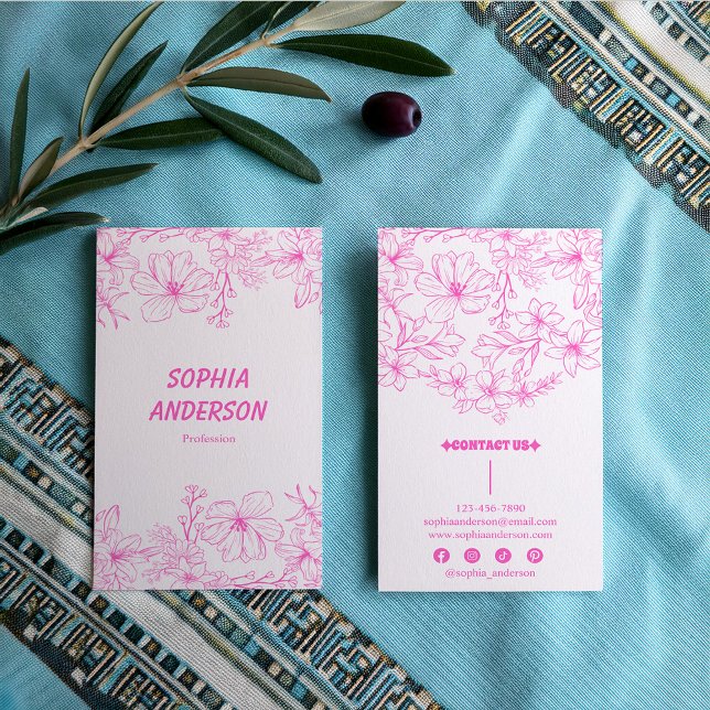 Chic Rosa Blommigt Hand Drawn Botanical Visitkort (Skapare uppladdad)