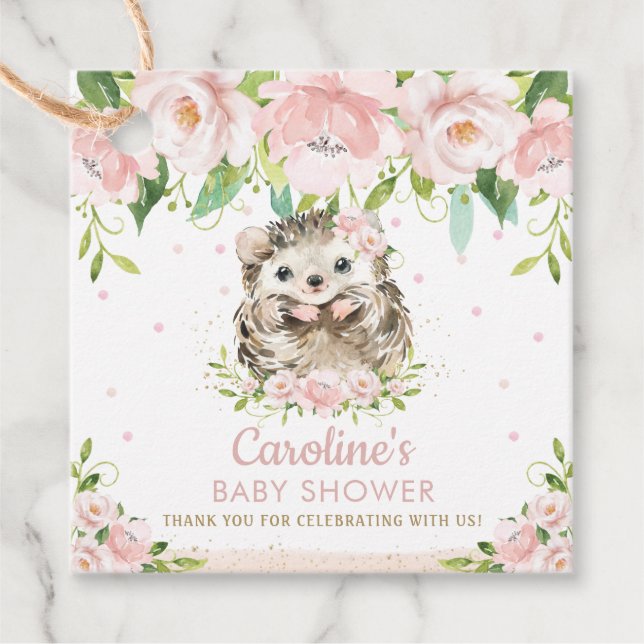Chic Rosa Blommigt Hedgehog Baby Shower Tack Gåvor Etiketter (Framsida)
