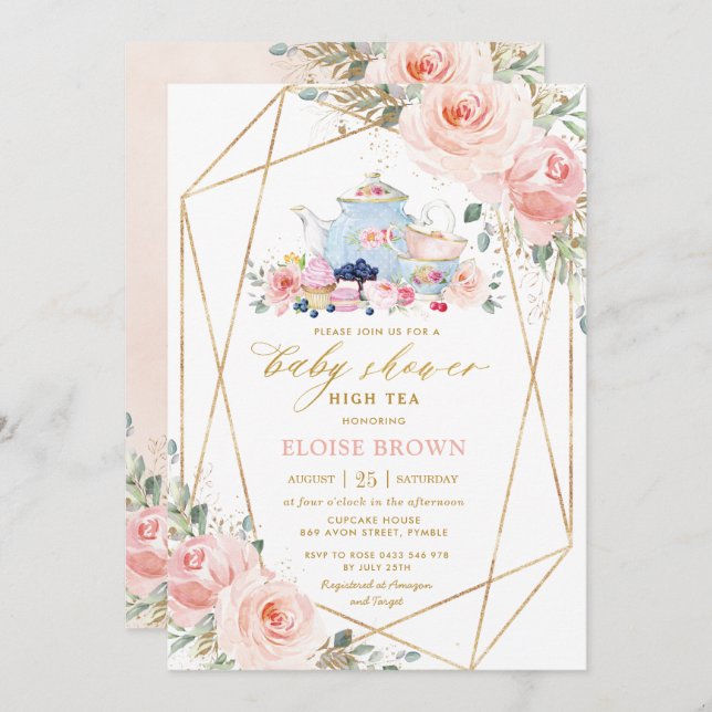 Chic  Rosa Blommigt High Tea Baby Shower Inbjudningar (Fram/baksida)
