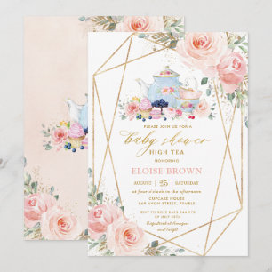 Chic Rosa Blommigt High Tea Baby Shower Inbjudningar