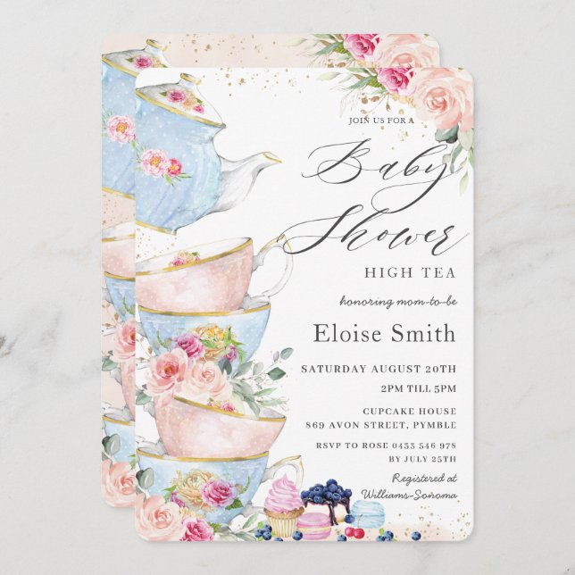 Chic Rosa Blommigt High Tea Party Baby Shower Inbjudningar (Fram/baksida)