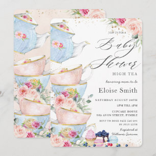 Chic Rosa Blommigt High Tea Party Baby Shower Inbjudningar