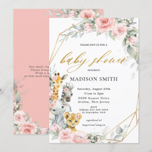 Chic Rosa Blommigt Jungle Animals Baby Shower Girl Inbjudningar
