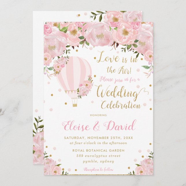 Chic  Rosa Blommigt Luftballong Bröllop Inbjudningar (Fram/baksida)