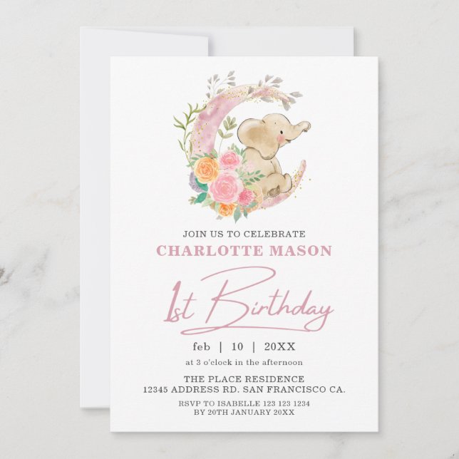 Chic Rosa Blommigt Måne Girl Elephant 1st Birthday Inbjudningar (Framsida)