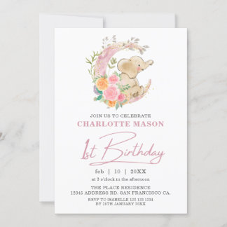 Chic Rosa Blommigt Måne Girl Elephant 1st Birthday Inbjudningar