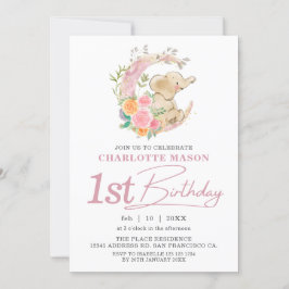 Chic Rosa Blommigt Måne Girl Elephant 1st Birthday Inbjudningar