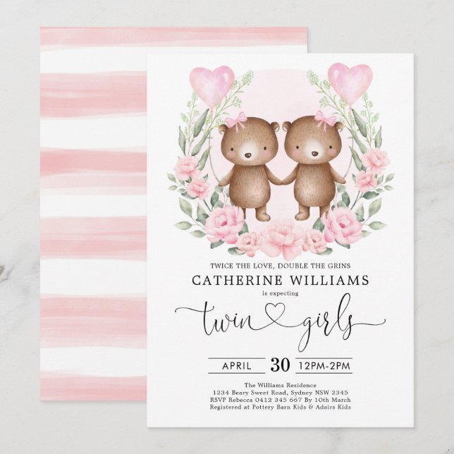 Chic Rosa Blommigt Nalle Twin Girls Baby Shower Inbjudningar (Fram/baksida)