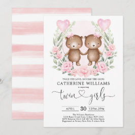 Chic Rosa Blommigt Nalle Twin Girls Baby Shower Inbjudningar