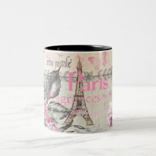 Chic rosa blommigt Paris Eiffel Torn typografi Två-Tonad Mugg