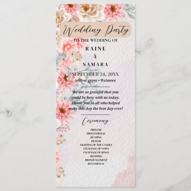 Chic Rosa Blommigt Party Program (Framsida)