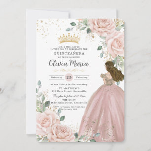 Chic Rosa Blommigt Princess Dress Quinceañera Inbjudningar