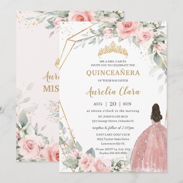 Chic  Rosa Blommigt Princess Krona Quinceañera Inbjudningar (Fram/baksida)