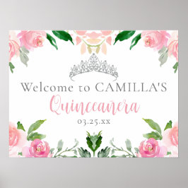 Chic Rosa Blommigt Quinceañera Party Välkommen Poster