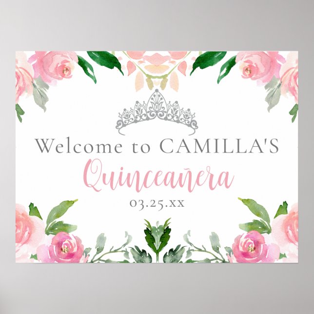 Chic Rosa Blommigt Quinceañera Party Välkommen Poster (Framsidan)