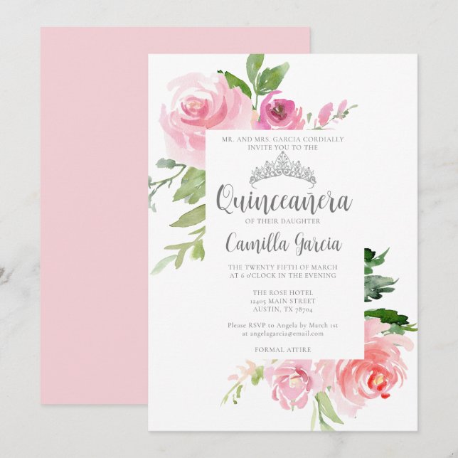 Chic Rosa Blommigt Quinceañera Silver Tiara Party Inbjudningar (Fram/baksida)