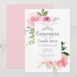 Chic Rosa Blommigt Quinceañera Silver Tiara Party Inbjudningar
