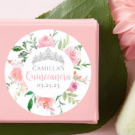 Chic Rosa Blommigt Quinceañera Silver Tiara Party Runt Klistermärke