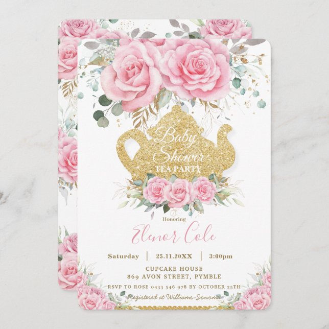 Chic Rosa Blommigt Ro Baby Shower High Tea Party Inbjudningar (Fram/baksida)