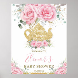 Chic Rosa Blommigt Ro Baby Shower High Tea Party Poster