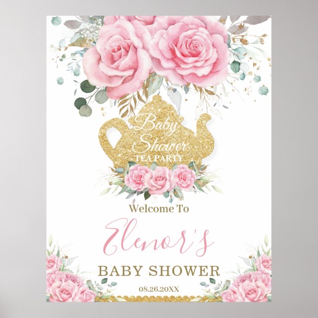 Chic Rosa Blommigt Ro Baby Shower High Tea Party Poster (Framsidan)