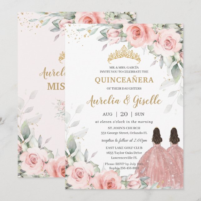 Chic  Rosa Blommigt Ro Guld Twillingar Quinceañera Inbjudningar (Fram/baksida)