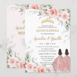 Chic  Rosa Blommigt Ro Guld Twillingar Quinceañera Inbjudningar